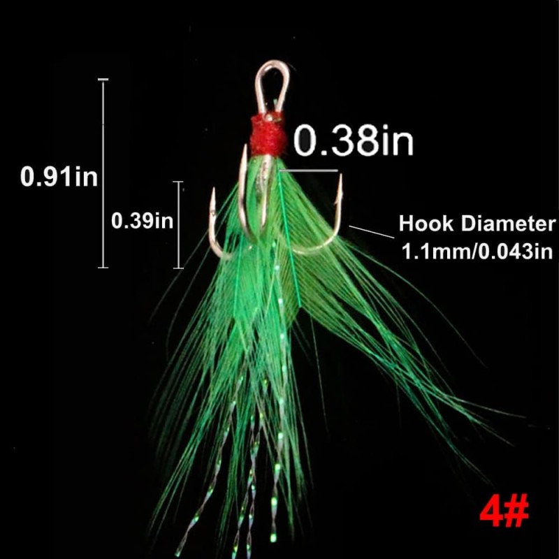 20Pcs Treble Fishing Hooks with Feather Size Stainless Steel Barbed Sharp Triple Fishhook with Box for Saltwater Freshwater