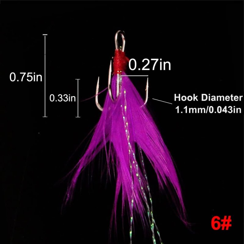 20Pcs Treble Fishing Hooks with Feather Size Stainless Steel Barbed Sharp Triple Fishhook with Box for Saltwater Freshwater