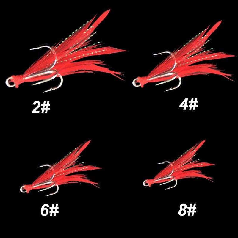 20Pcs Treble Fishing Hooks with Feather Size Stainless Steel Barbed Sharp Triple Fishhook with Box for Saltwater Freshwater