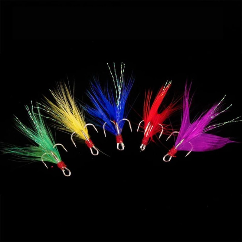 20Pcs Treble Fishing Hooks with Feather Size Stainless Steel Barbed Sharp Triple Fishhook with Box for Saltwater Freshwater