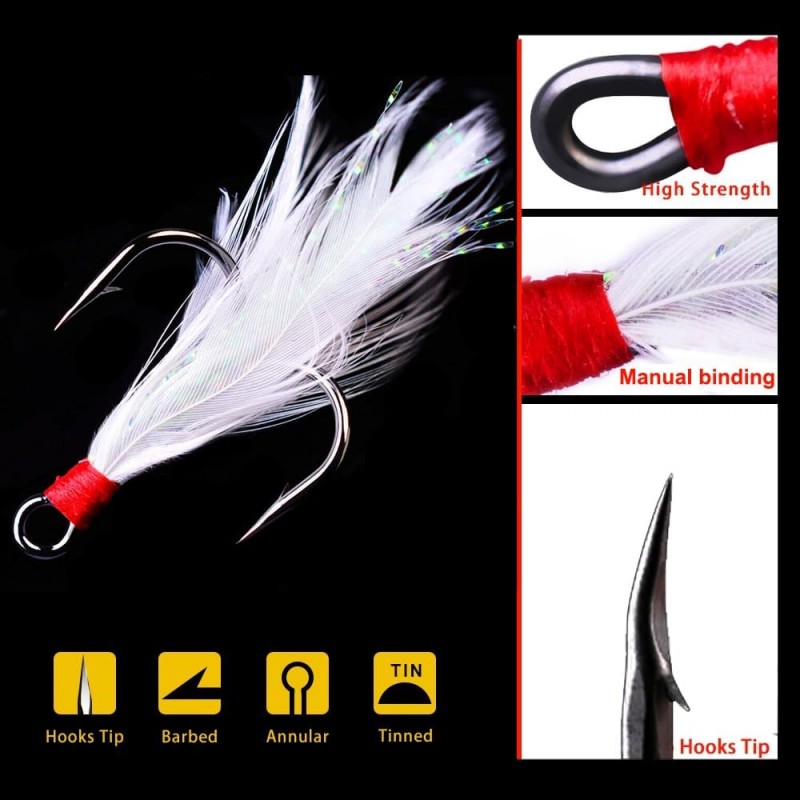 20Pcs Treble Fishing Hooks with Feather Size Stainless Steel Barbed Sharp Triple Fishhook with Box for Saltwater Freshwater