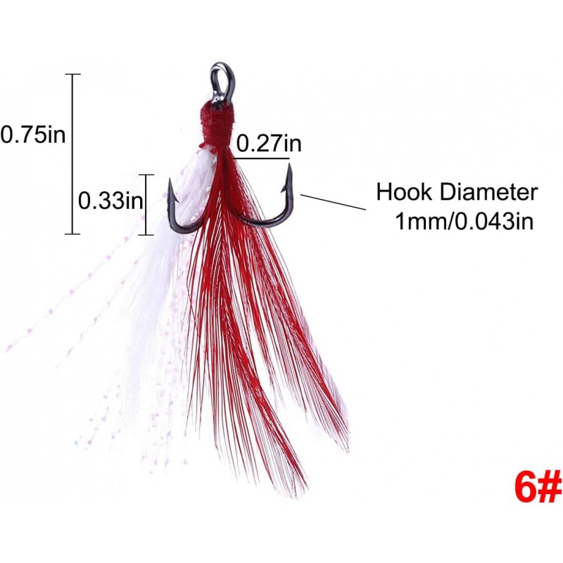 20Pcs Treble Fishing Hooks with Feather Size Stainless Steel Barbed Sharp Triple Fishhook with Box for Saltwater Freshwater